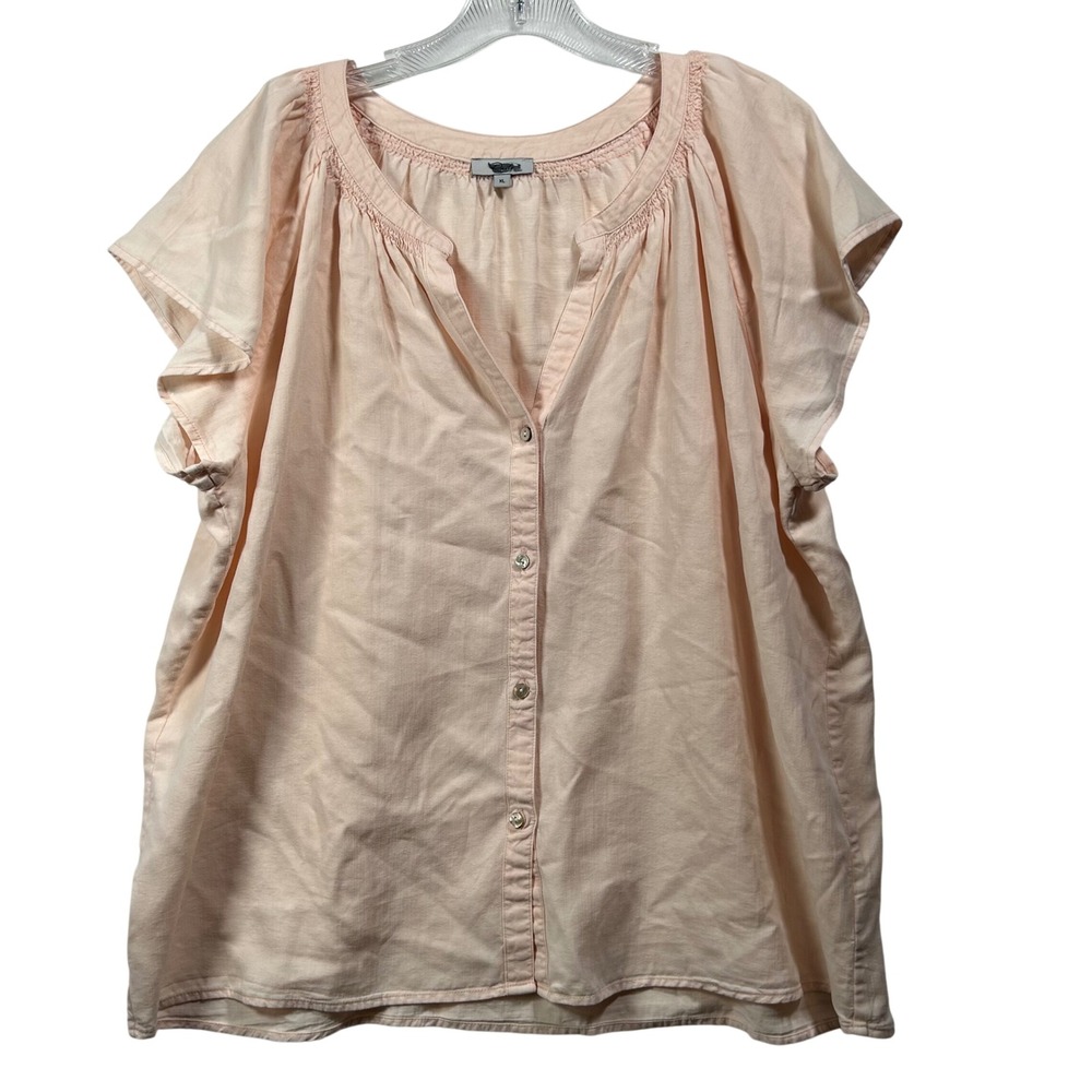 Rails Peach Tencel Linen Smocked Flutter‎ Sleeve Button Front Blouse XL